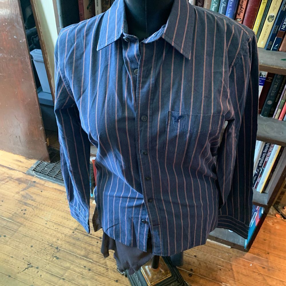 American Eagle blue and red pinstripe S button down business casual shirt